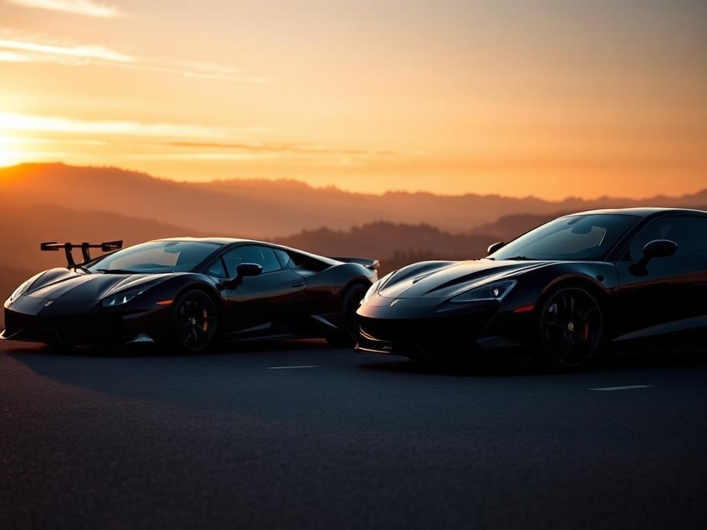 Two luxury sports cars at sunset