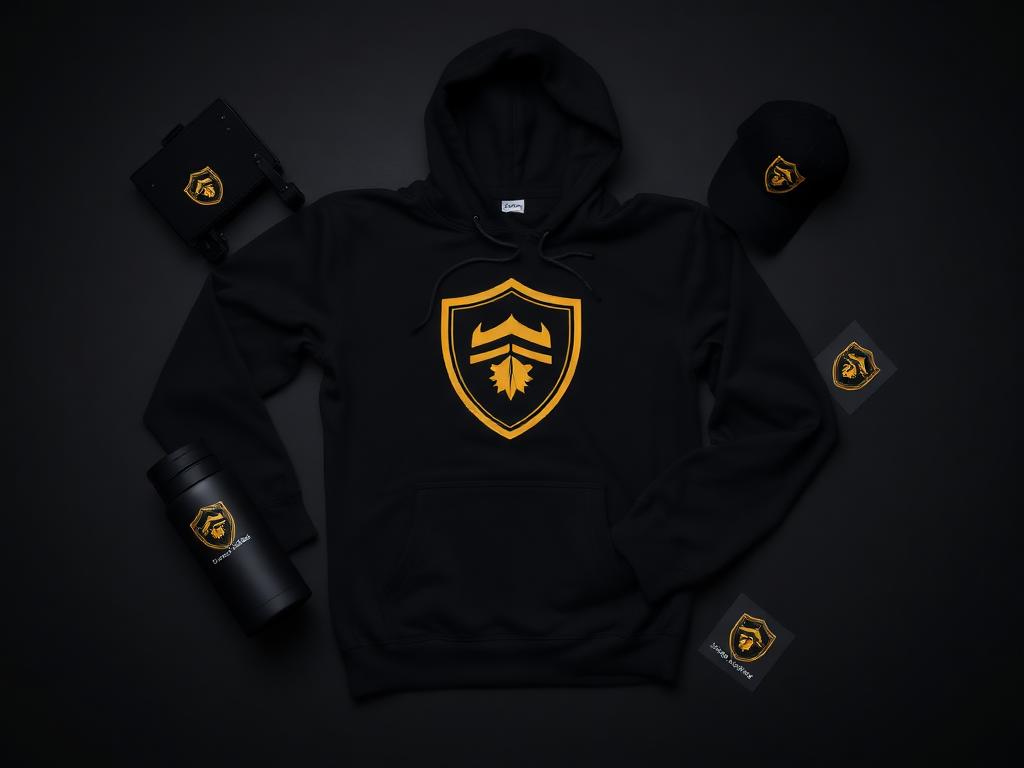 Branded hoodie, cap, mug and bottle flat-lay