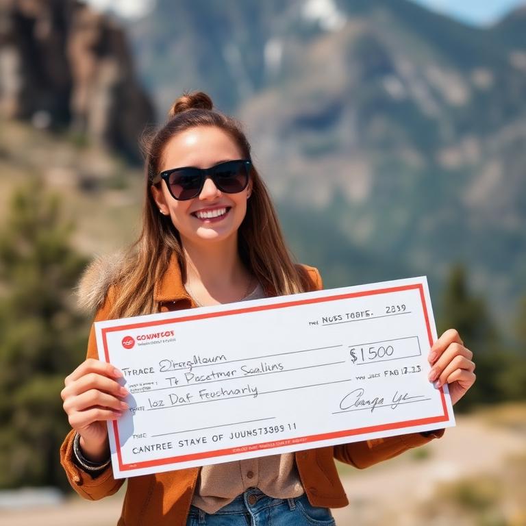 Winner holding cash check